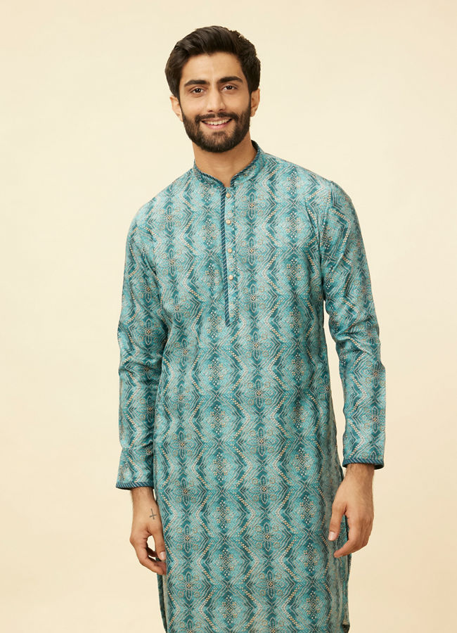 Manyawar Turquoise Geometric Floral Printed Kurta - India shopping