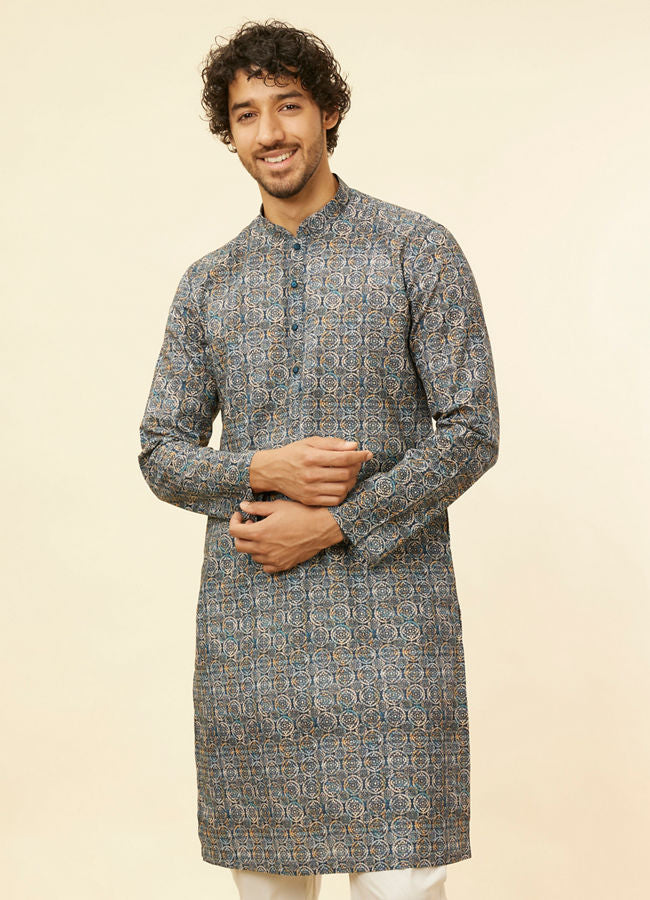 Manyawar Imperial Blue Medallion Printed Kurta - India shopping