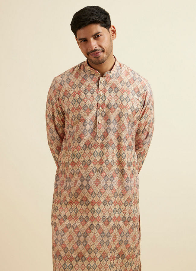 Manyawar Beige Harlequin Print Kurta - India shopping