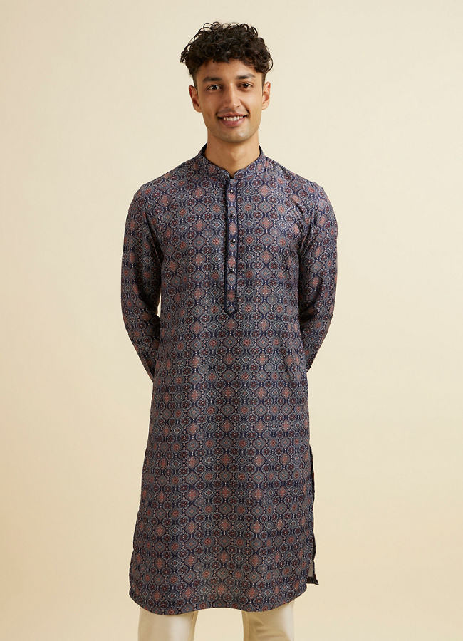 Manyawar Dark Blue Jaal and Medallion Patterned Kurta - India shopping