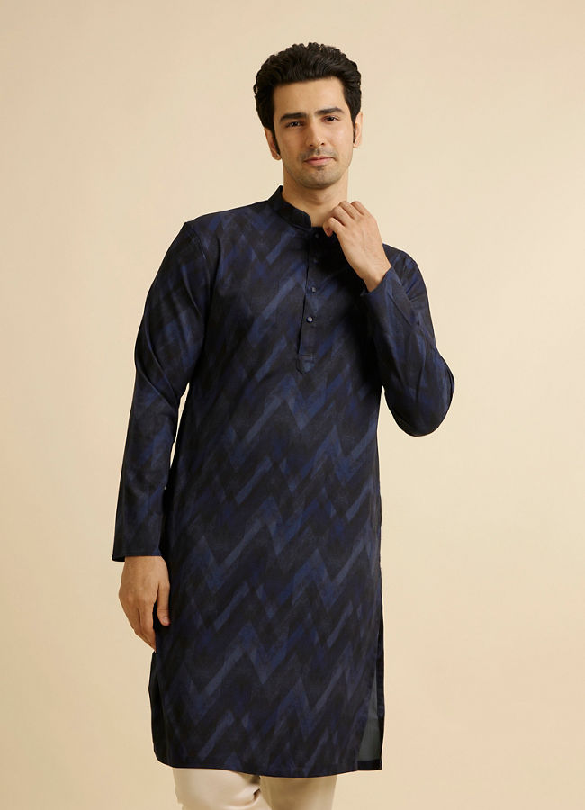 Manyawar Dark Blue Chevron Printed Kurta - India shopping