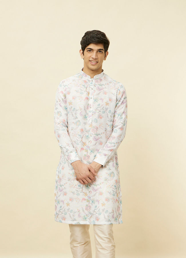 Manyawar Delicate White Bel Buti Printed Kurta - India shopping