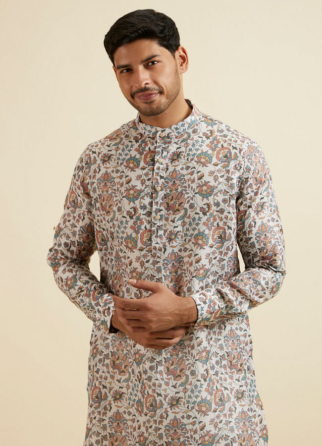Manyawar Beige Bel Buti Printed Kurta - India shopping