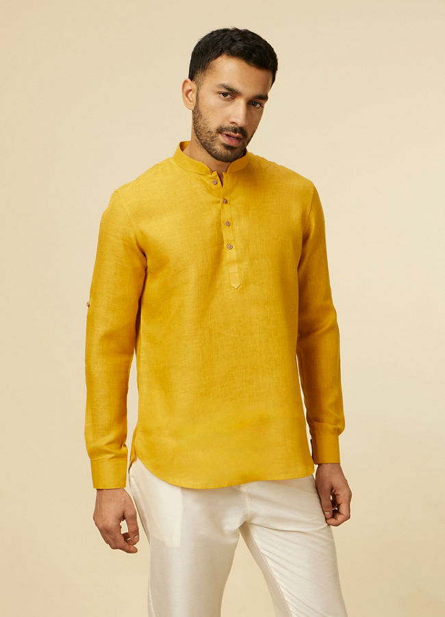 Manyawar Mustard Yellow Classic Short Kurta - India shopping