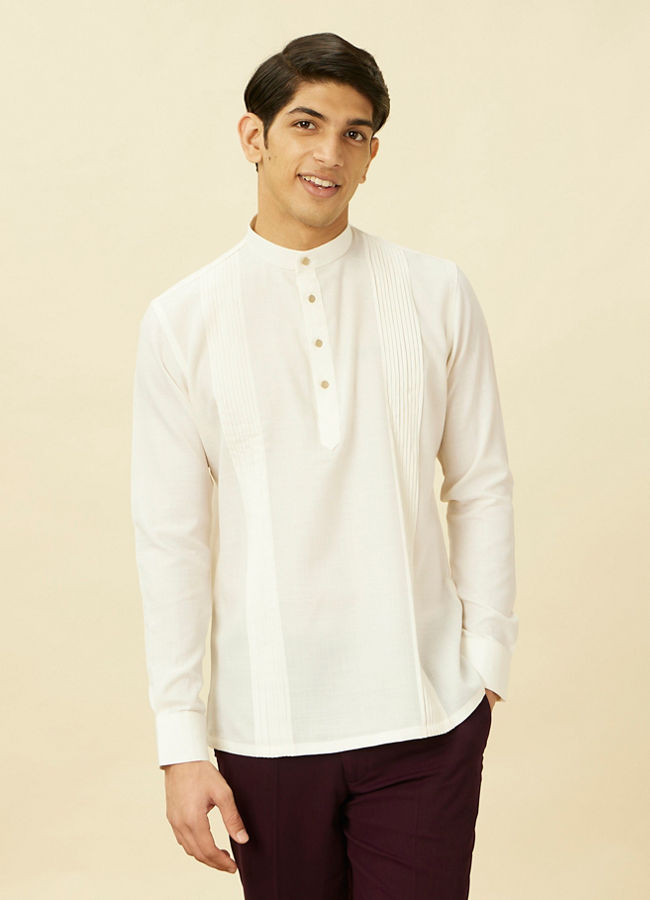 Manyawar Pearled Ivory Vertical Striped Short Kurta - India shopping