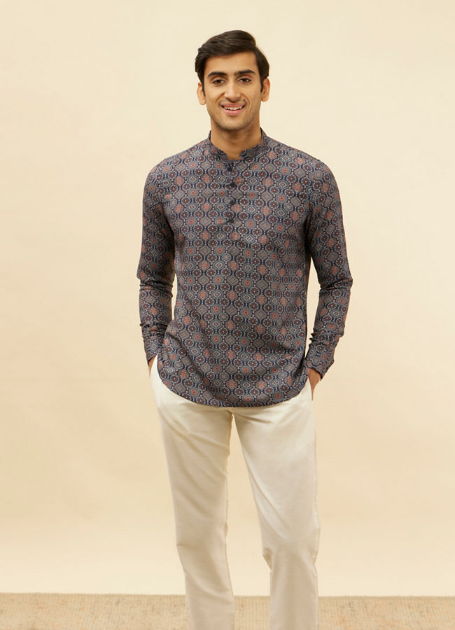 Manyawar Azure Blue Ogee Floral Printed Short Kurta - India shopping