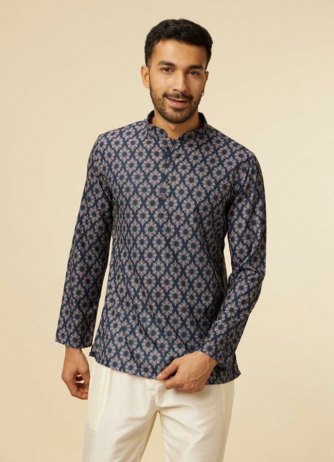 Manyawar Dark Blue Jaal and Medallion Short Kurta - India shopping