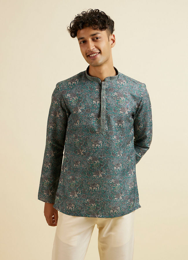 Manyawar Teal Green Bagh Print Short Kurta - India shopping