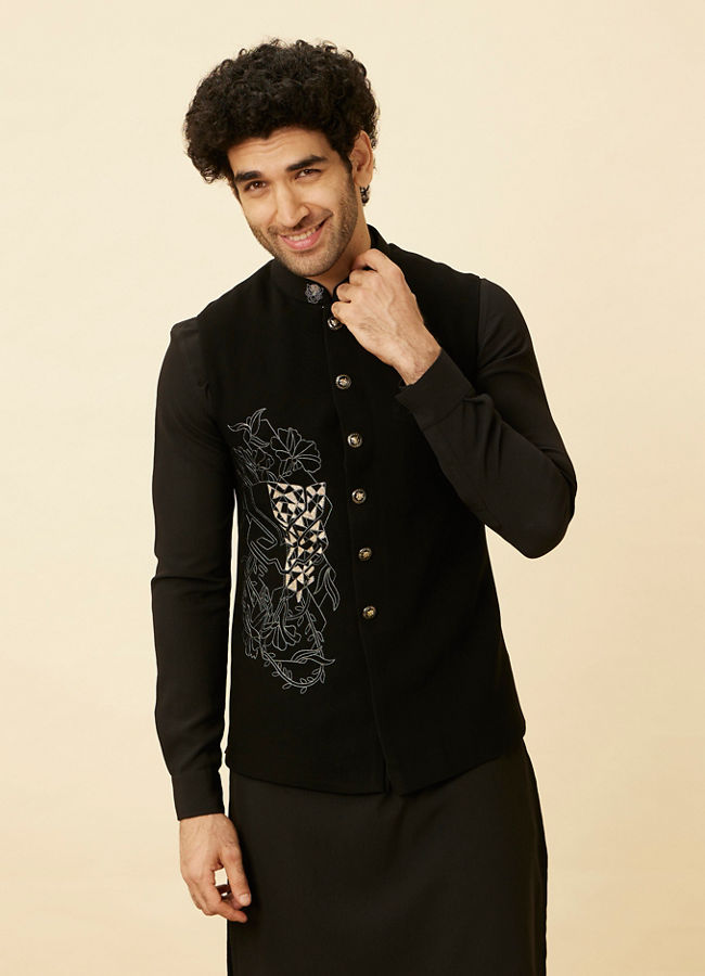 Manyawar Midnight Black Black Panther Kurta Jacket Set - India shopping