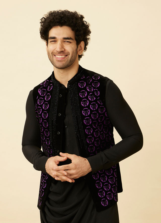 Manyawar Ebony Black Black Panther Kurta Jacket Set - India shopping