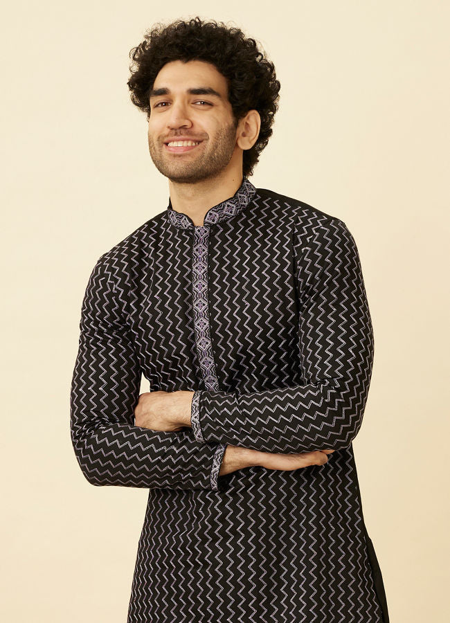 Manyawar Charcoal Black Panther Tribal Motif Kurta Set - India shopping