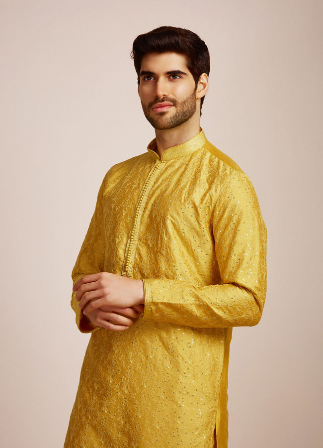 Manyawar Mustard Yellow Sequined Kurta Set - India shopping