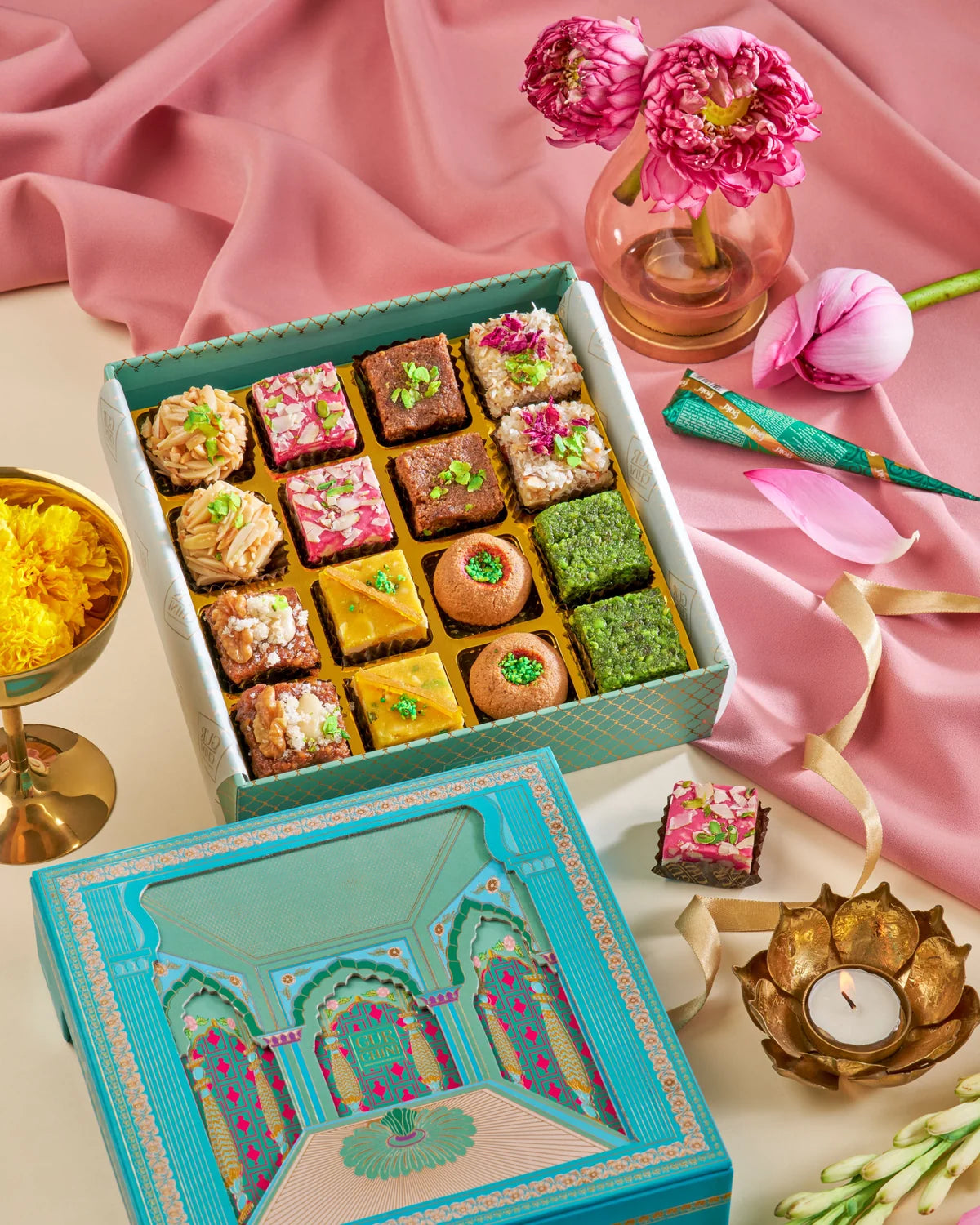 Gur Chini Mewar Collection Luxury Blue Box With Assorted Sweets of 16 Pcs