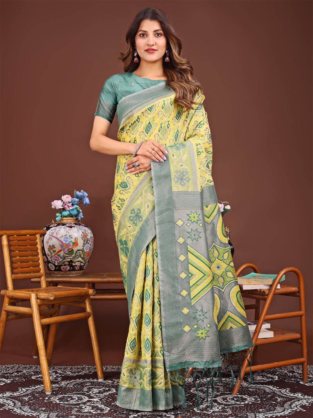 Mogra Mist Linen Cotton Saree | Yellow Color | Ready To Wear SKU- ASKRI1005