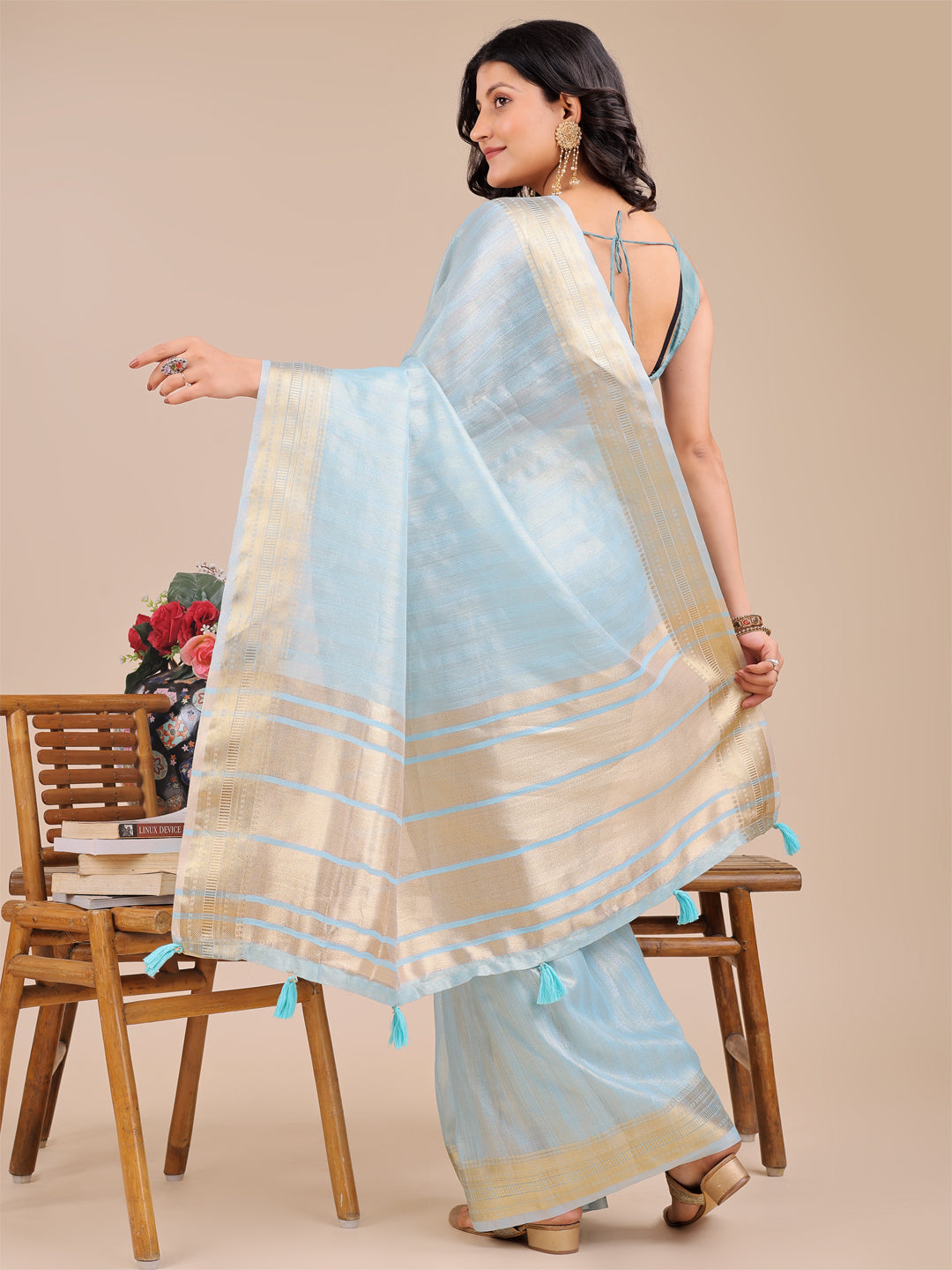 Moonlit Dunes Organza Saree |Sky Blue Colour| Ready to Wear -SKU- SWSAH1005