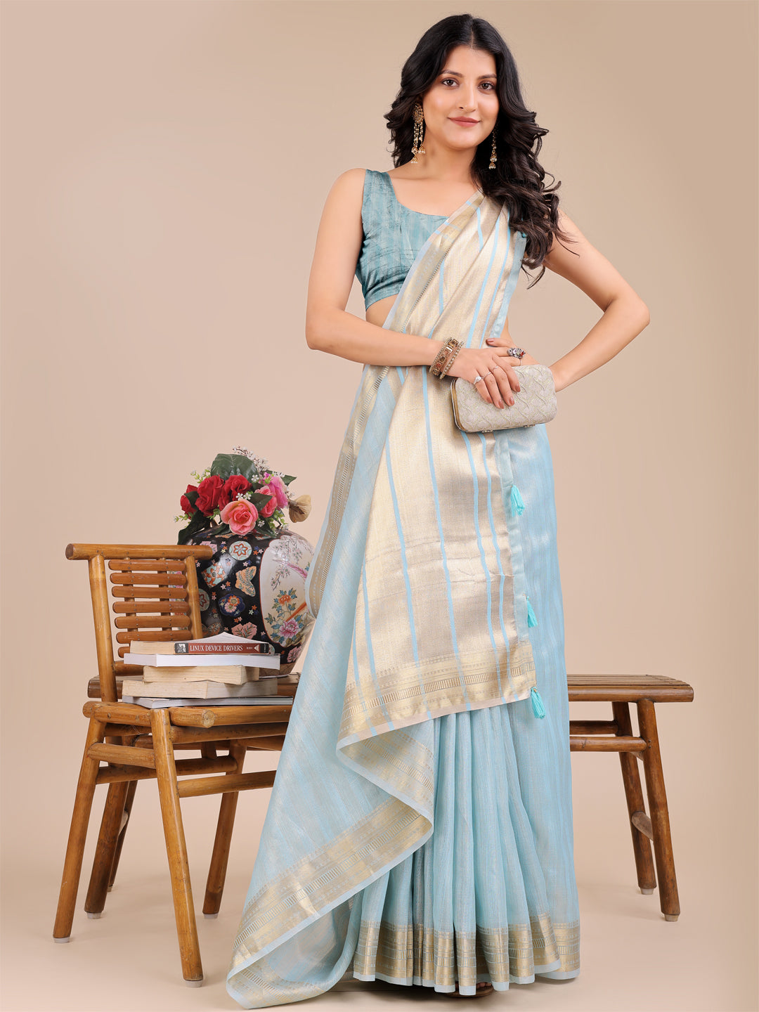 Moonlit Dunes Organza Saree |Sky Blue Colour| Ready to Wear -SKU- SWSAH1005