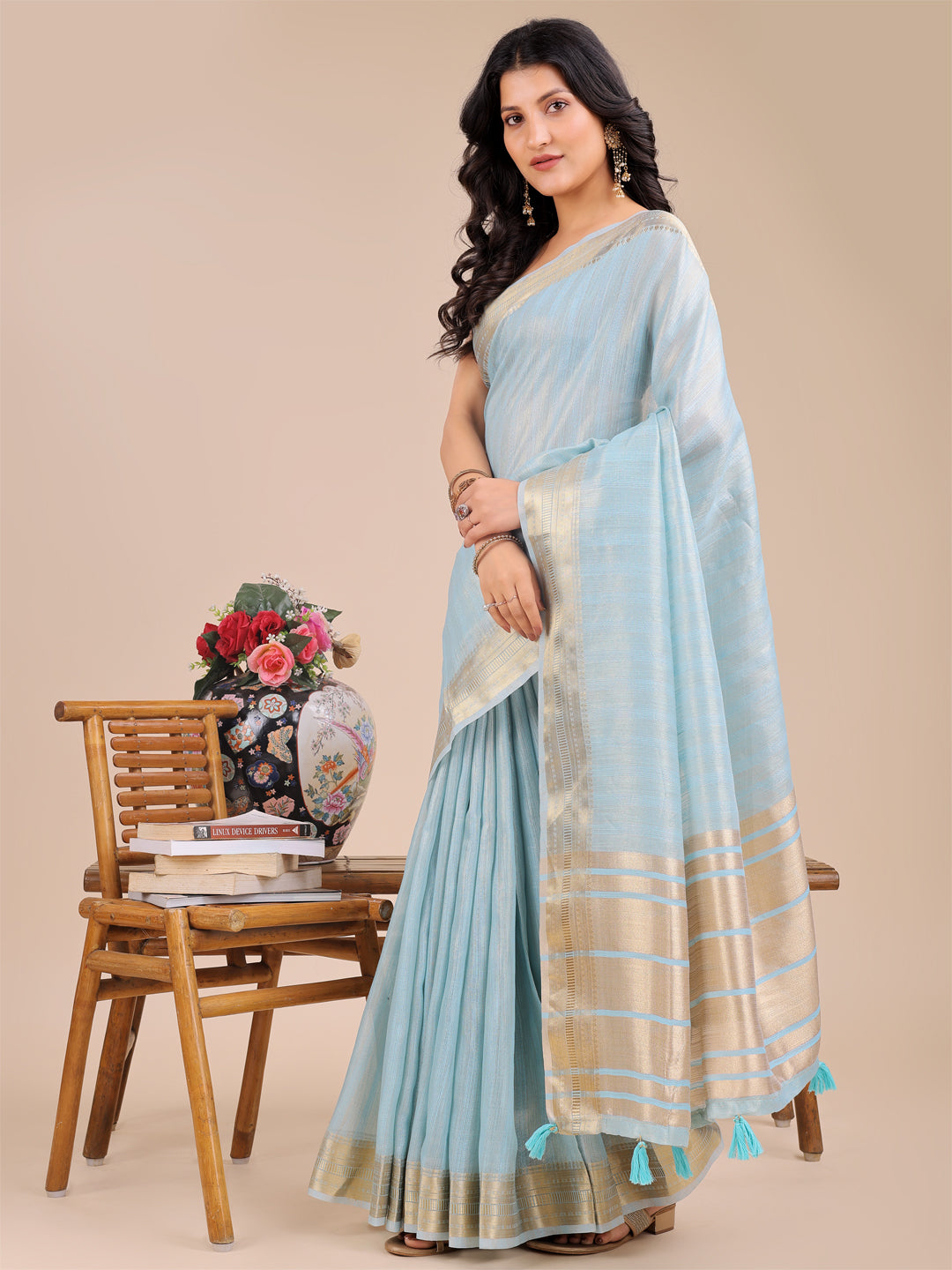 Moonlit Dunes Organza Saree |Sky Blue Colour| Ready to Wear -SKU- SWSAH1005