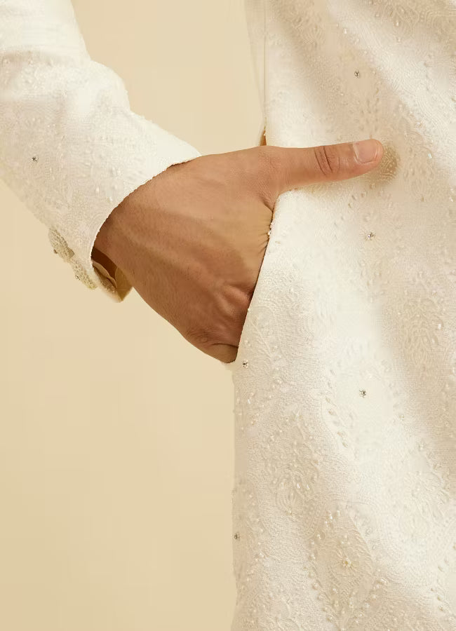 Manyavar Warm White Medallion Patterned Sherwani Set | Ready To Wear
