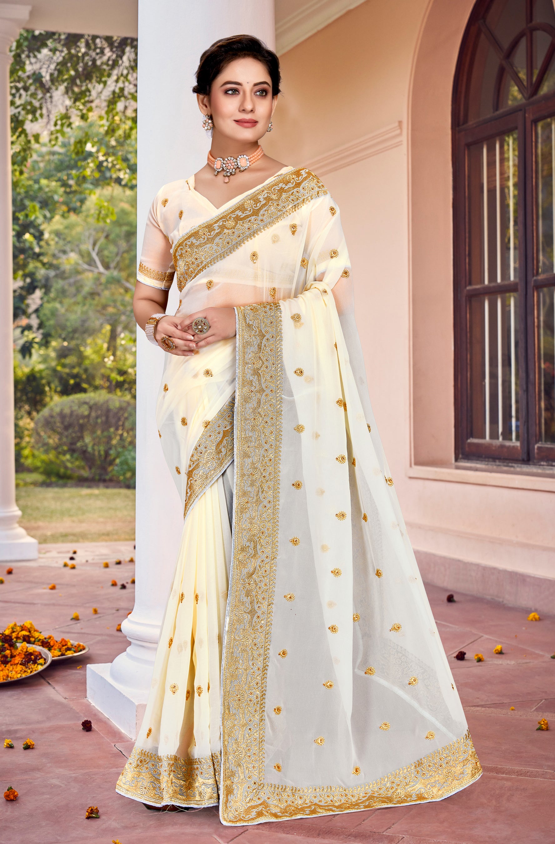 Off-White Heavy Jari Embroidered Ready-to-Wear Wedding Saree