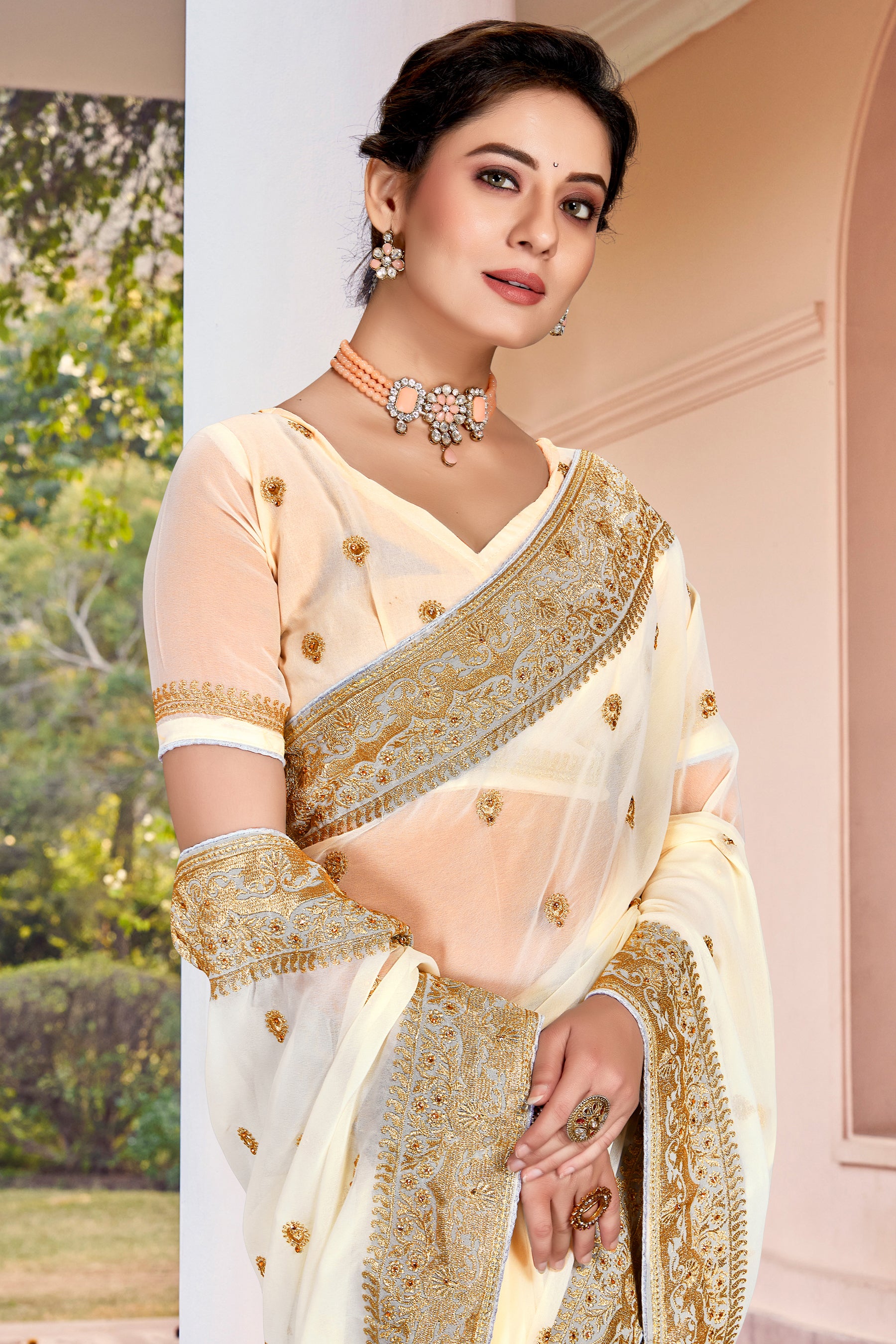 Off-White Heavy Jari Embroidered Ready-to-Wear Wedding Saree