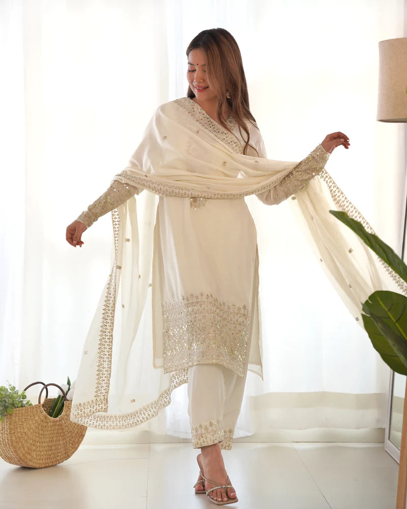 Vichitra Silk Kurta Dupatta Set with Embroidery