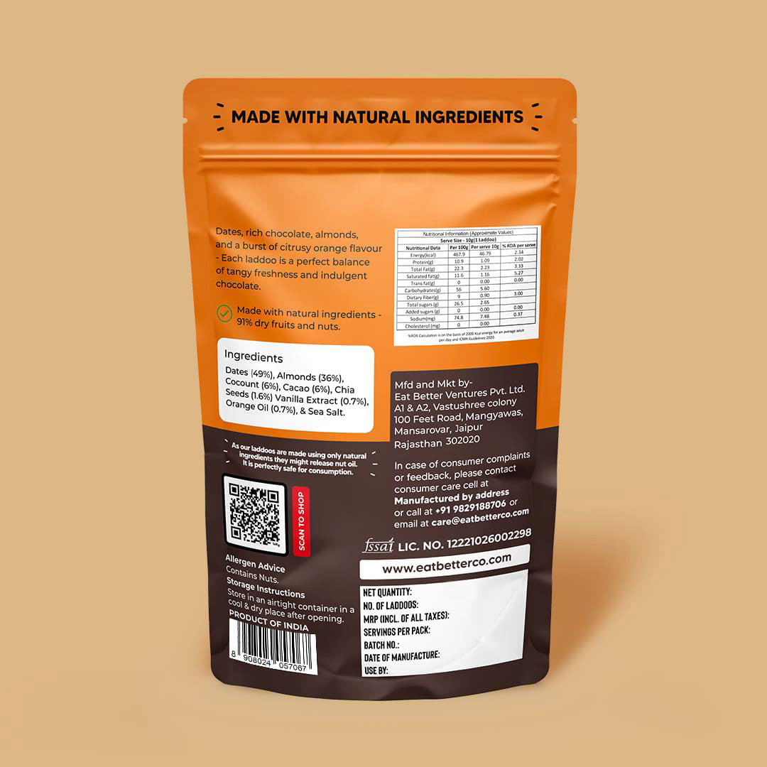 Eat Better Co Orange Chocolate Laddoos - No Added Sugar | Dates, Dry Fruits & Nuts Laddoo - 200 gms