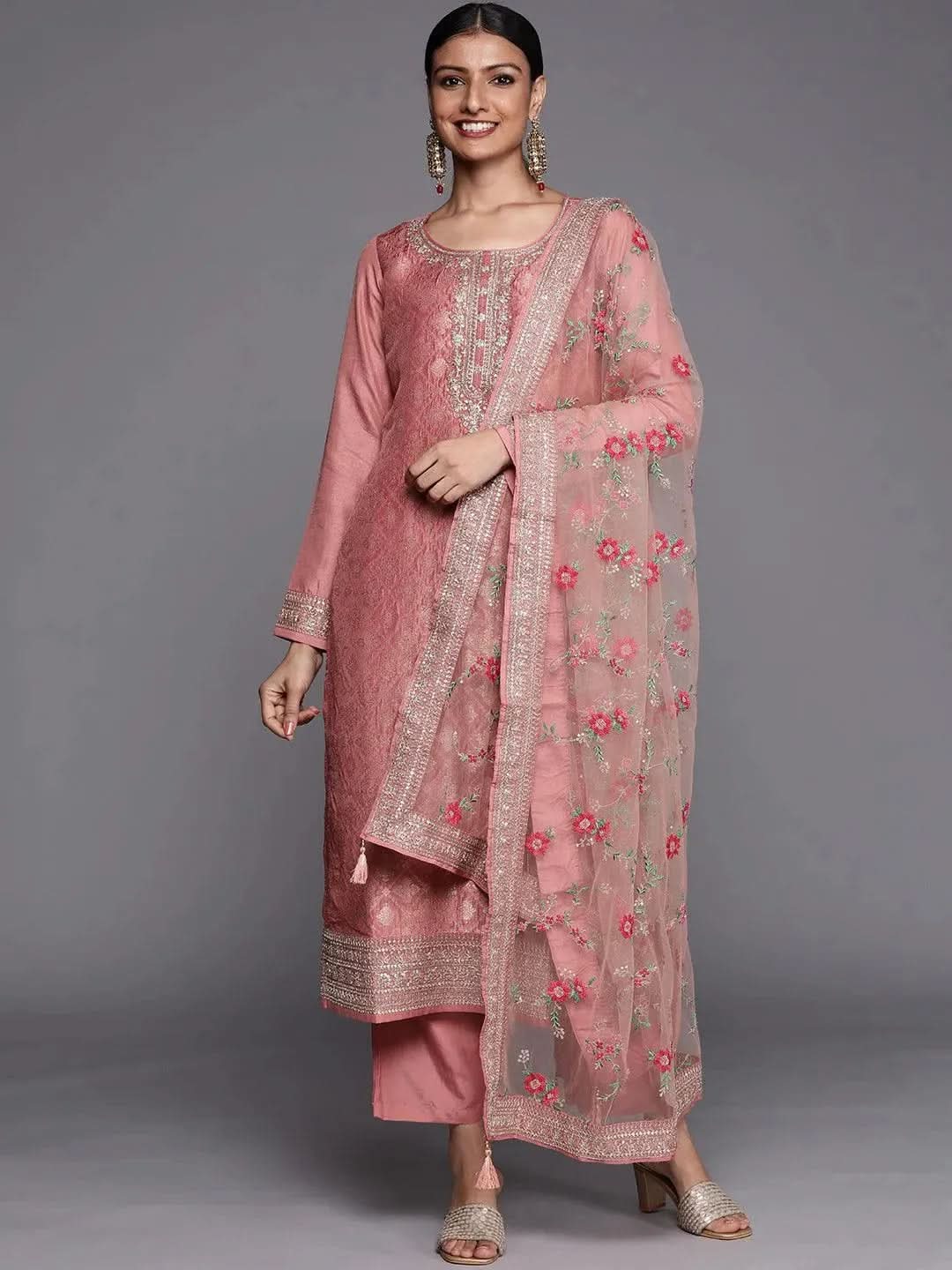 Peach Self Design Silk Blend Straight Kurta With Dupatta | Ready To Wear