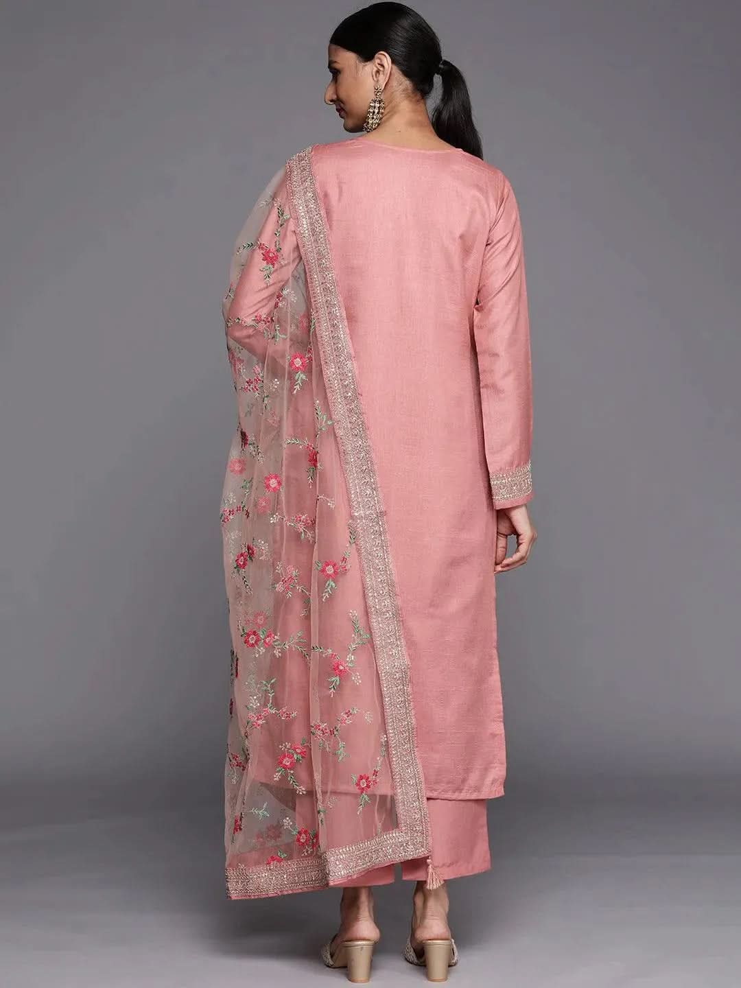 Peach Self Design Silk Blend Straight Kurta With Dupatta | Ready To Wear