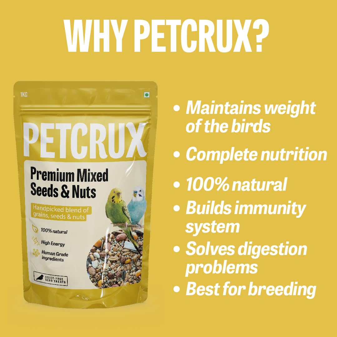 Petcrux Premium Mixed Seeds Bird Food – 6 Grain & Seed Blend, 100% Natural & Additive-Free Feed for All Birds (1 kg)