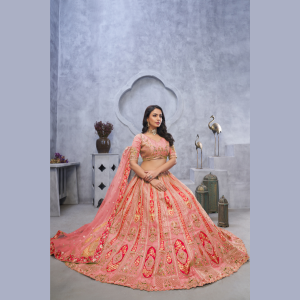 Classic Organza Silk Intricate Paisley Motifs Traditional Embroidered Wedding Lehenga Choli With Soft Net Dupatta | Ready To Wear