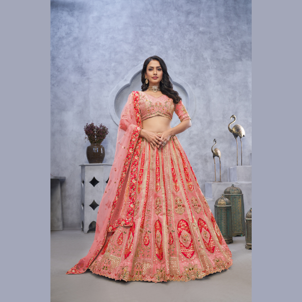 Classic Organza Silk Intricate Paisley Motifs Traditional Embroidered Wedding Lehenga Choli With Soft Net Dupatta | Ready To Wear
