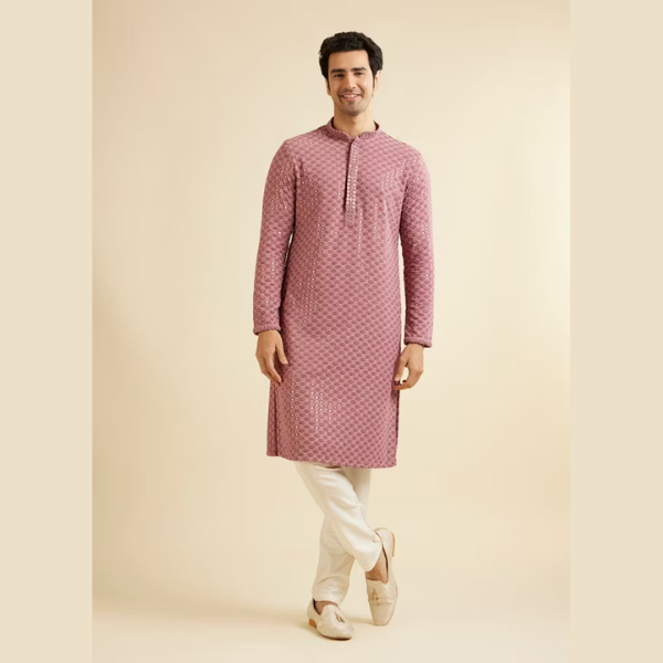 Manyawar Quartz Pink Floral Chikankari Embroidered Kurta Set - India shopping