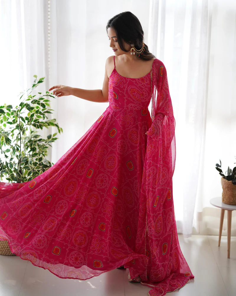 Pink Backless Dori Pattern Print Anarkali Gown | Ready To Wear