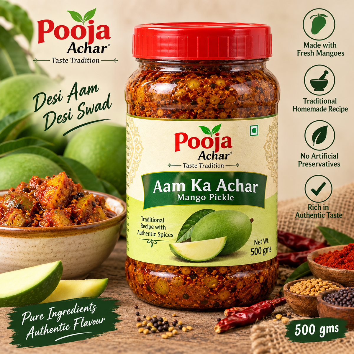 Pooja Achar Aam Ka Achar 500g – authentic Indian mango pickle made with fresh raw mangoes, traditional spices, and homemade flavor, available at IndiaShopping.io.