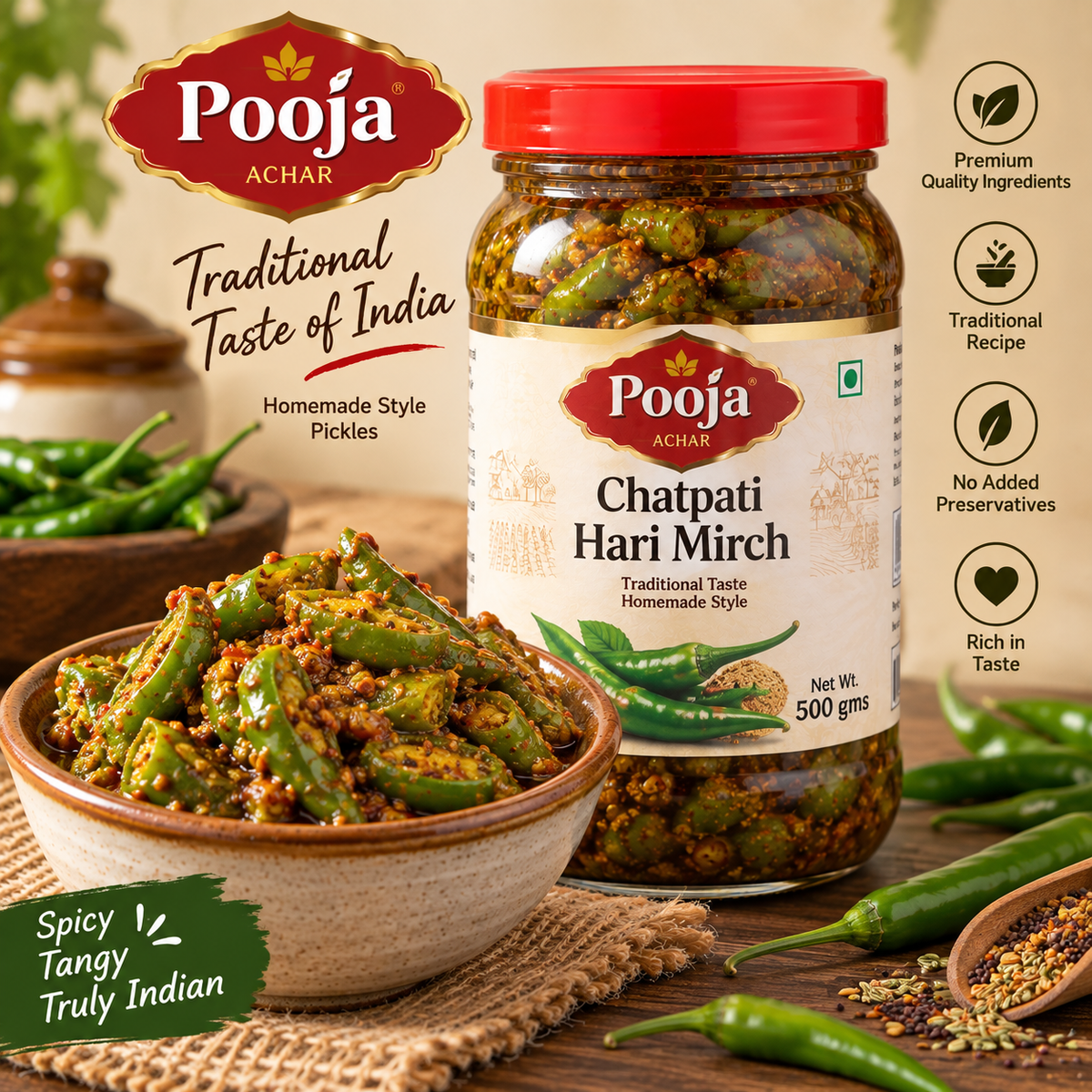 Pooja Achar Chatpati Hari Mirch 500 gms Authentic Indian Green Chilli Pickle in Traditional Spicy Tangy Masala | IndiaShopping.io