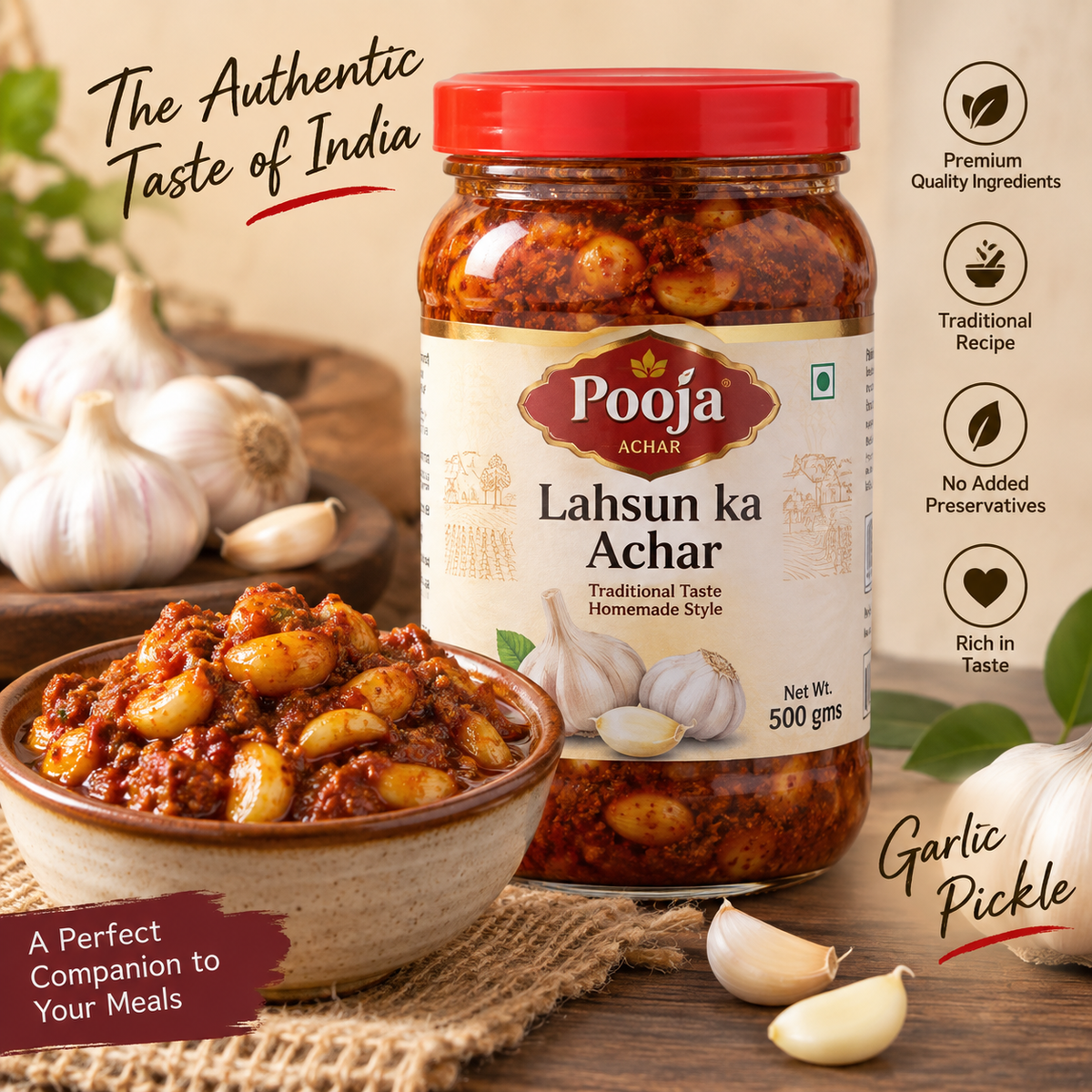 Pooja Achar Lahsun Ka Achar 500 gms Authentic Indian Garlic Pickle in Spicy Masala | IndiaShopping.io
