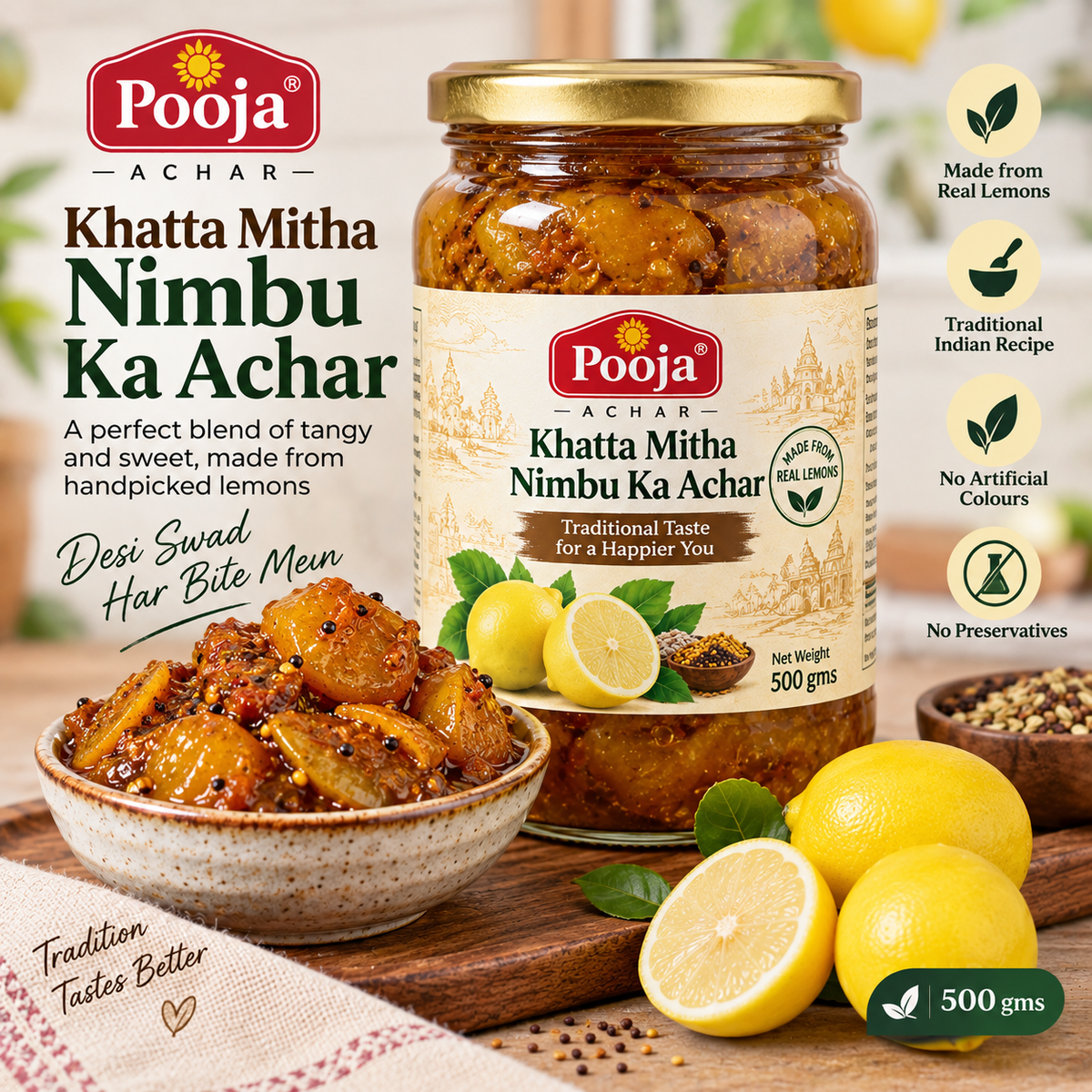 Pooja Achar Khatta Mitha Nimbu Ka Achar 500 gms – Traditional Indian sweet and tangy lemon pickle made with real lemons and authentic spices.