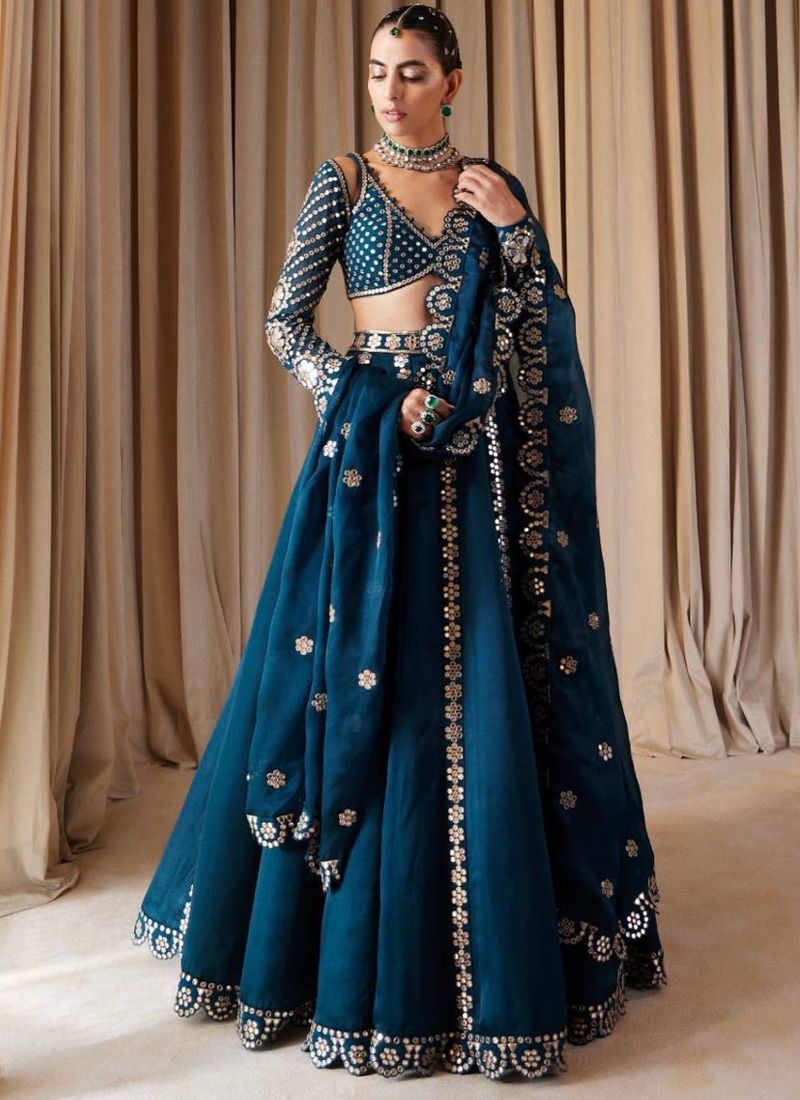 Teal Malai Silk Zari Work Lehenga Choli With V-Neck | Ready To Wear