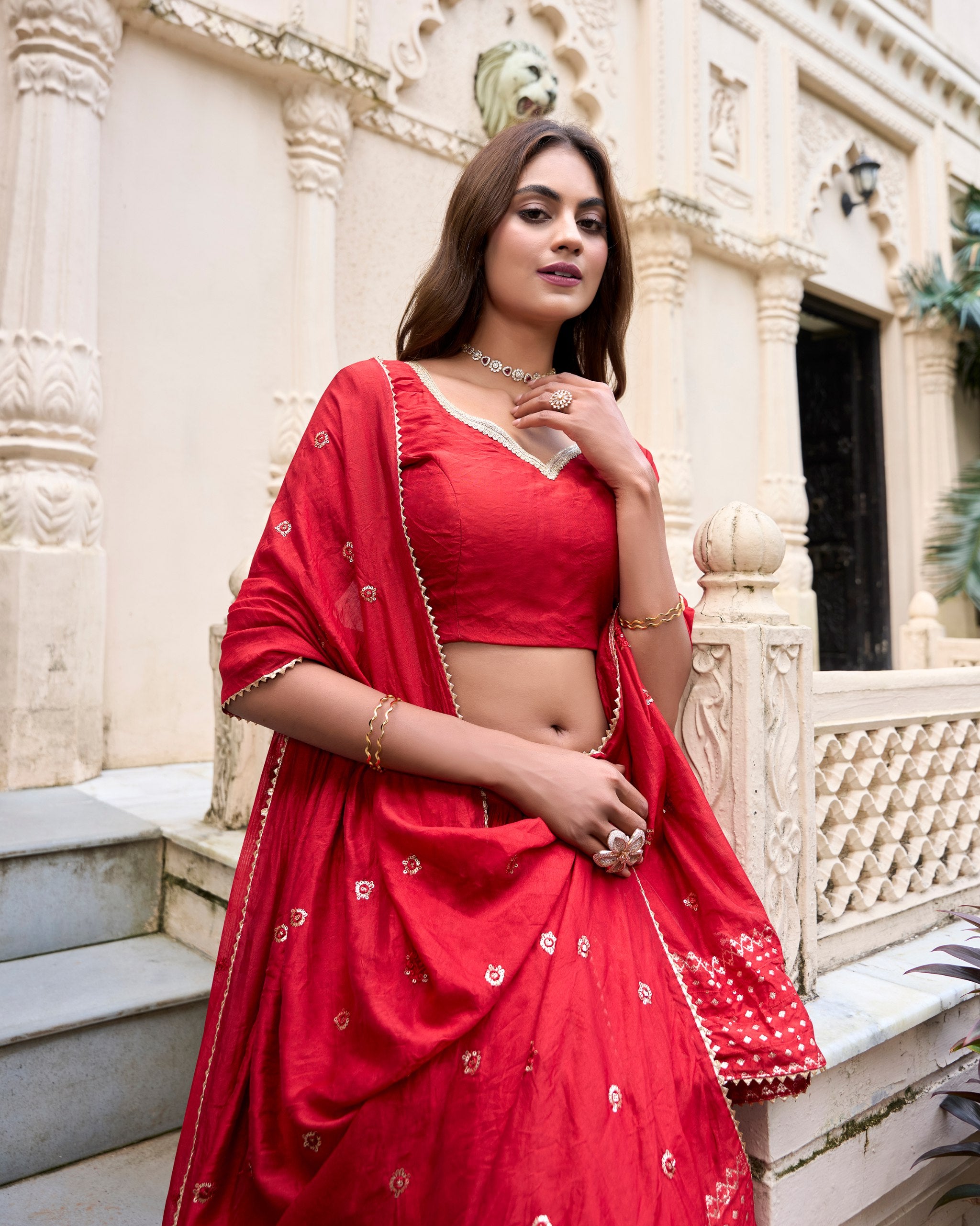Pure Chanderi Lehenga | Plain With Zari Weaving Work Border | Ready To Wear Red