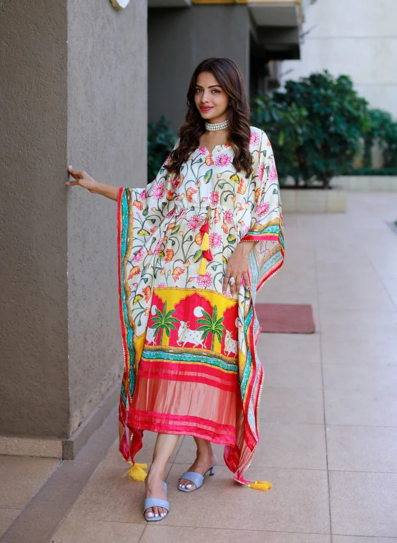 Multi Color Kaftan Digital Print With Lase Border Work | Ready To Wear