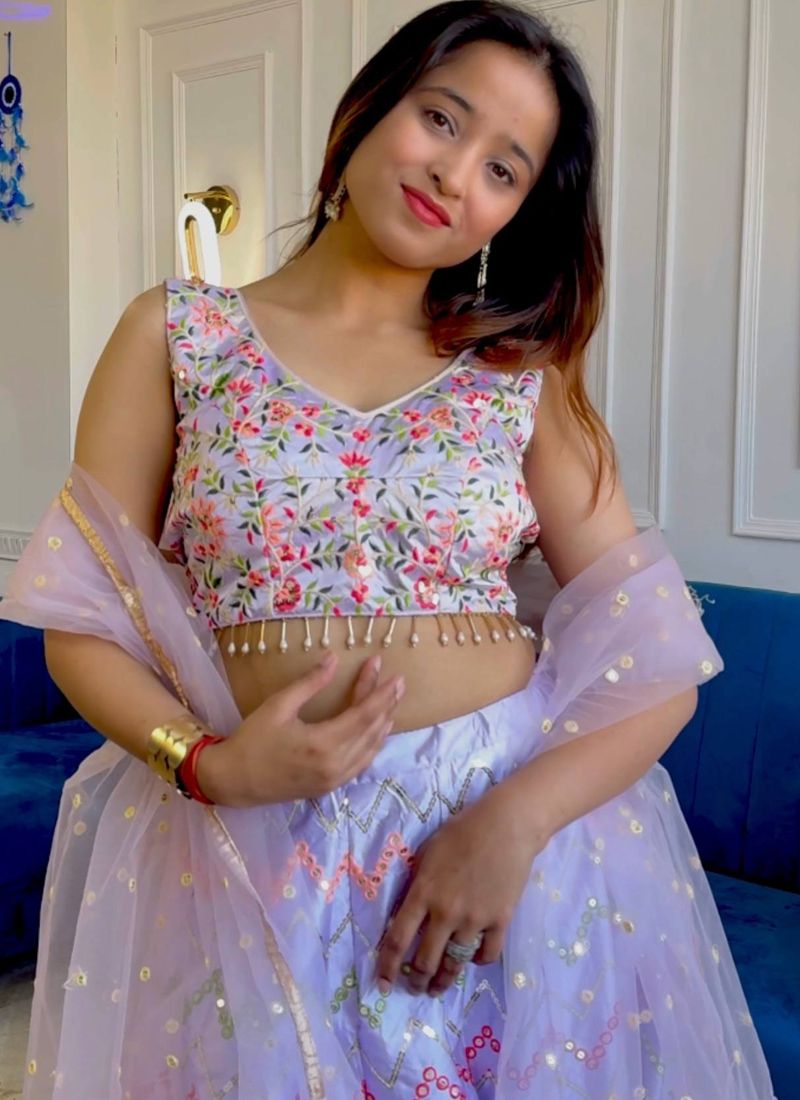 Lavender Satin Silk Lehenga Choli With Border Work | Ready To Wear