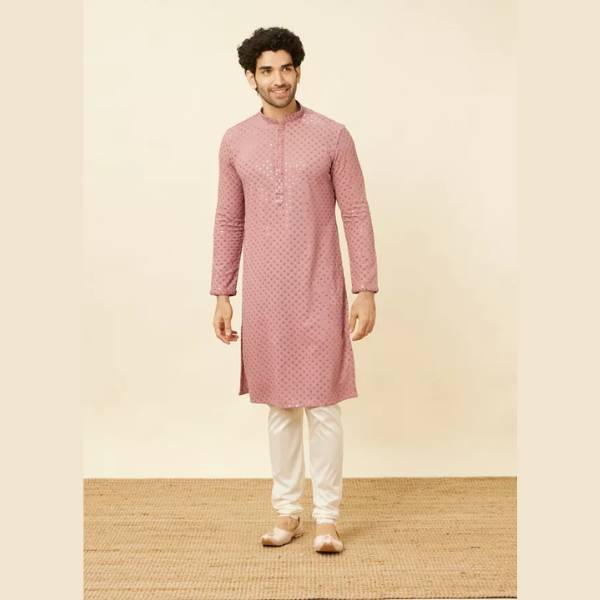 Manyawar Quartz Pink Floral Chikankari Embroidered Kurta Set - India shopping