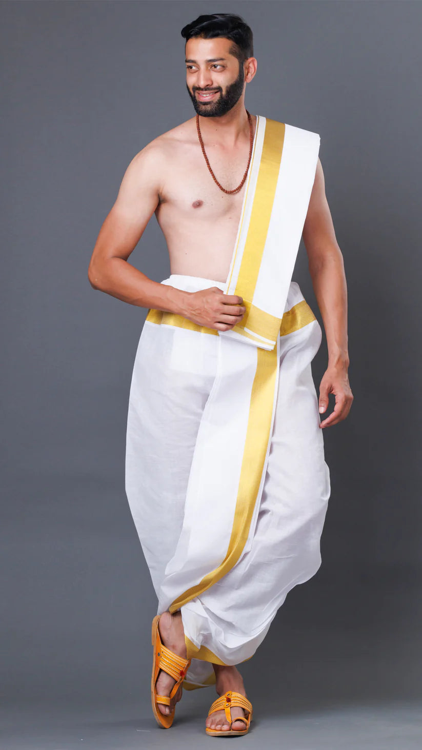 Latest Cotton White Dhoti With Uparana And Jari Border