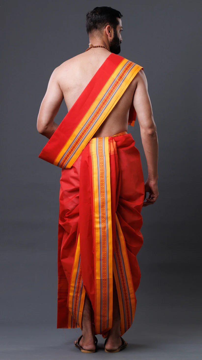 Traditional Cotton Red Dhoti Set With Uparana