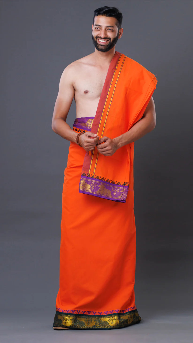 Big Border Premium Orange Cotton Dhoti & Uparana Set