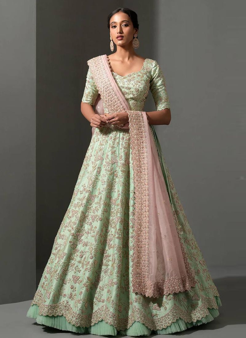 Light Green Mulberry Silk Lehenga Choli With Pink Sequin Work | Ready To Wear