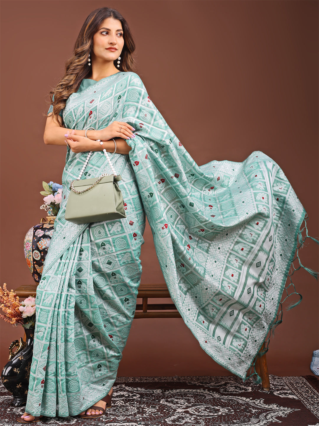 Reva Drape Linen Cotton Saree | Sea Green Color | Ready To Wear SKU- ASBAD1004