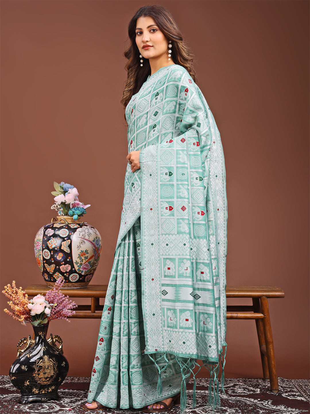 Reva Drape Linen Cotton Saree | Sea Green Color | Ready To Wear SKU- ASBAD1004