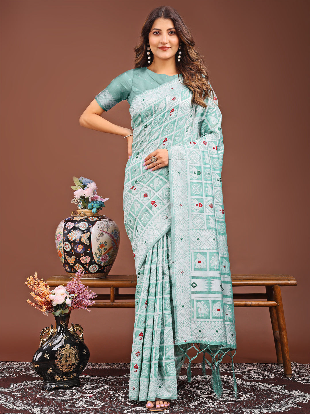 Reva Drape Linen Cotton Saree | Sea Green Color | Ready To Wear SKU- ASBAD1004