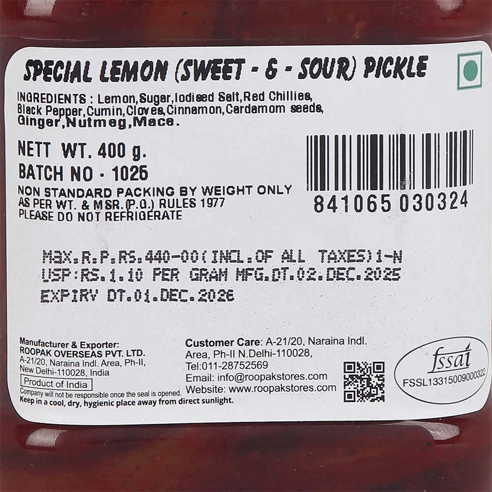 Roopak (since 1958) Sweet and Sour Lemon Pickle - 400 gms